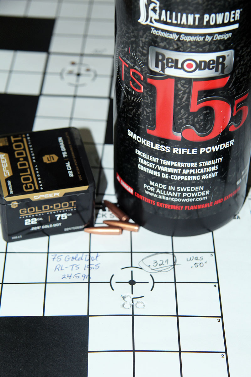 Speer’s 75-grain Gold Dot and 24.5 grains of Alliant Reloder TS 15.5 shot a tiny .50-inch group with the factory stock, that group shrinking to .32 inch after adding the AG Composites stock.